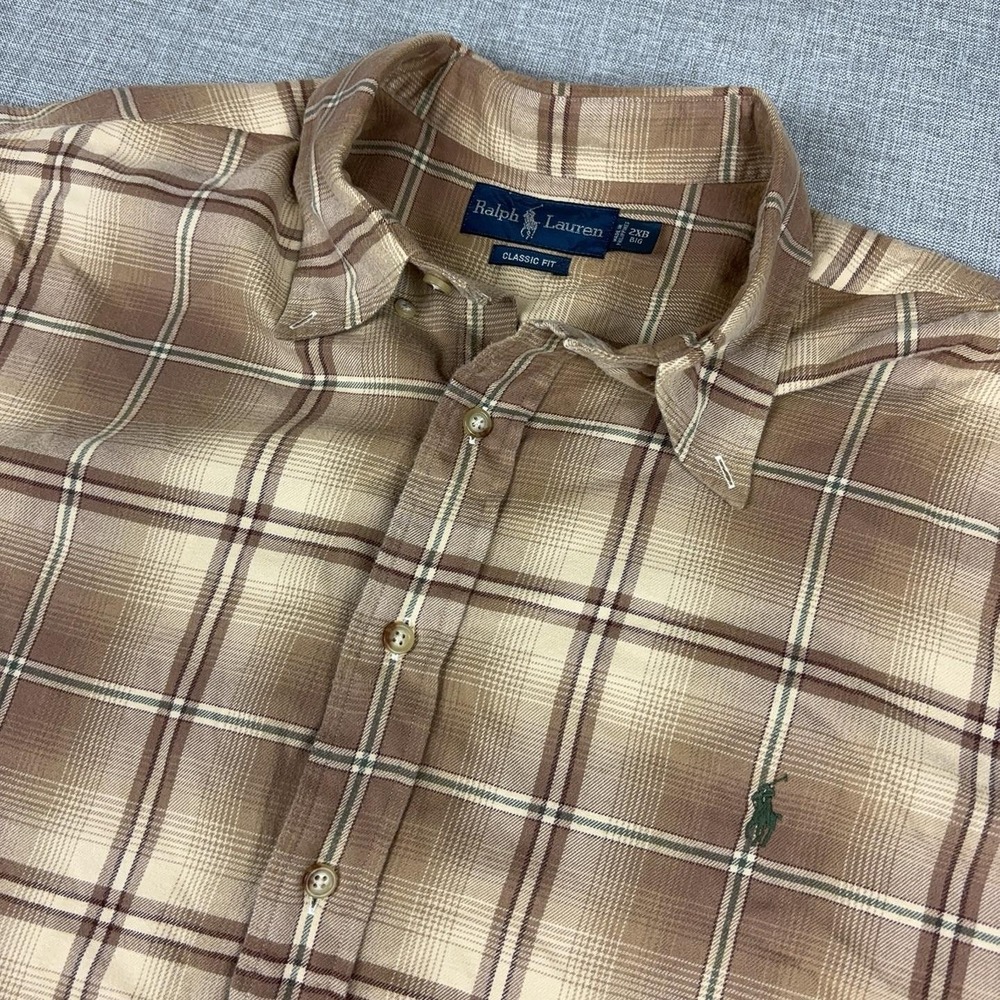 Ralph Lauren Shirt Mens Big 2X Brown Plaid Long Sleeve Button Down Classic Fit